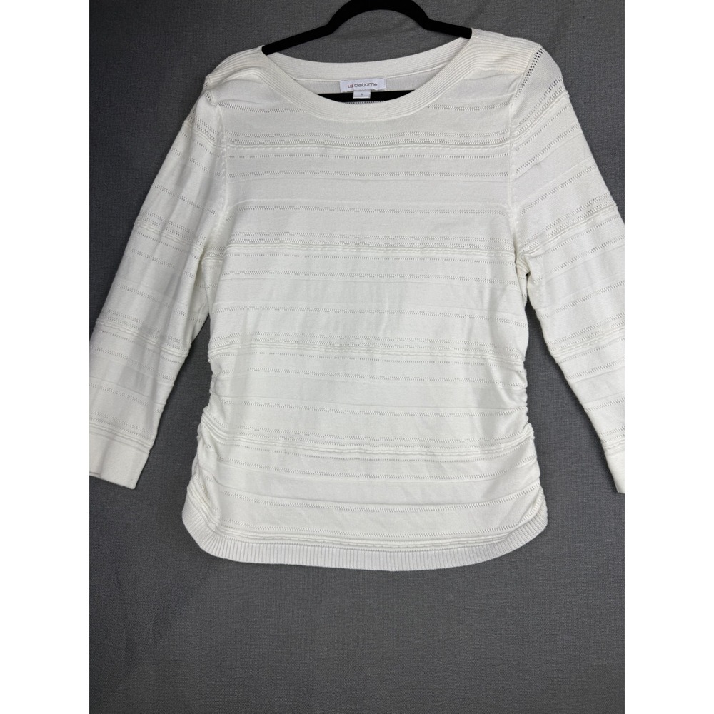 Liz Claiborne White Textured Knit Top 3/4 Sleeve Side Ruched Size M